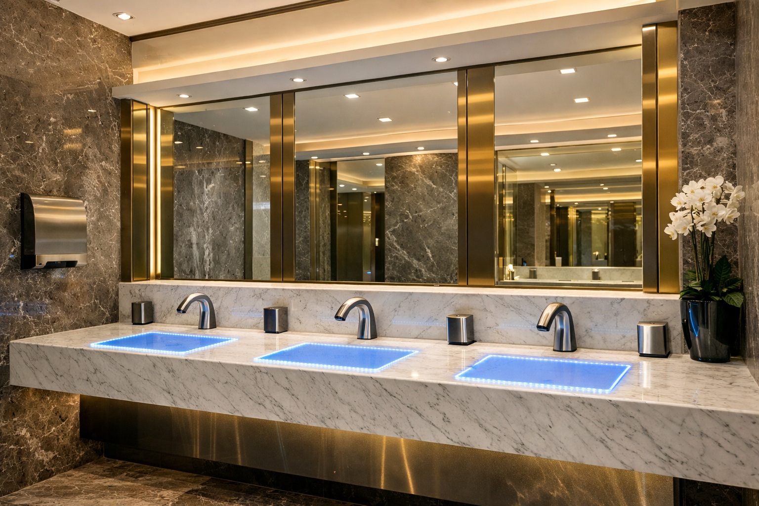 Infrared sensor faucet in a modern hotel-style bathroom with reflective finishes